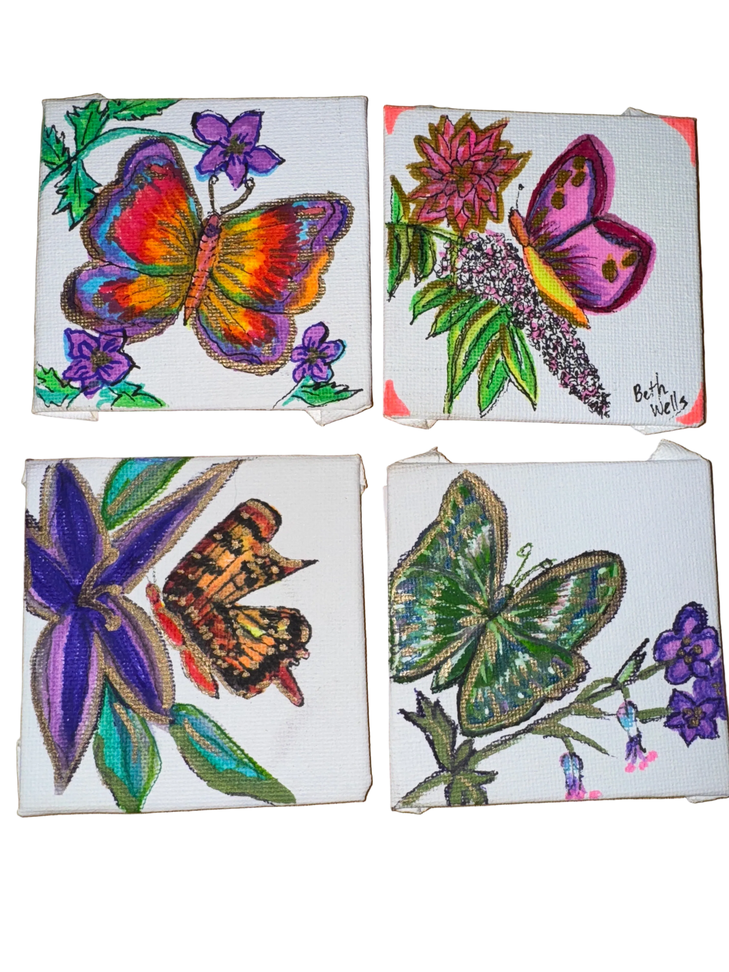 ACEO 3 inch by 3 inch canvas cards with butterflies. Set of 4 with Butterfly and Flower themes. Collect and add each purchase to an album!