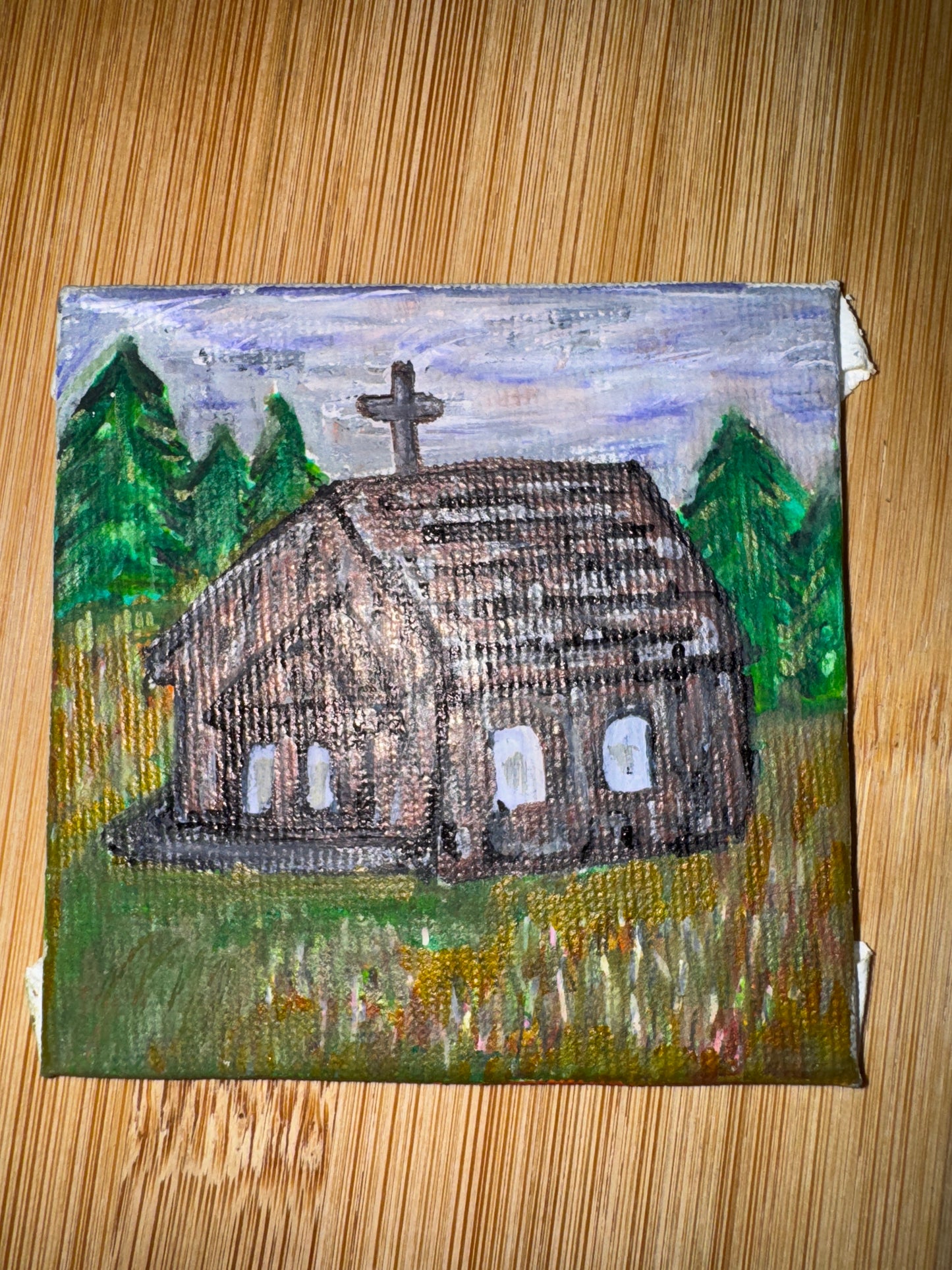 ACEO by Max Landry - Country Log Cabin Church original artwork in multimedia
