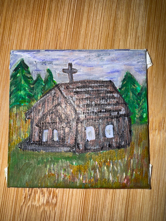 ACEO by Max Landry - Country Log Cabin Church original artwork in multimedia