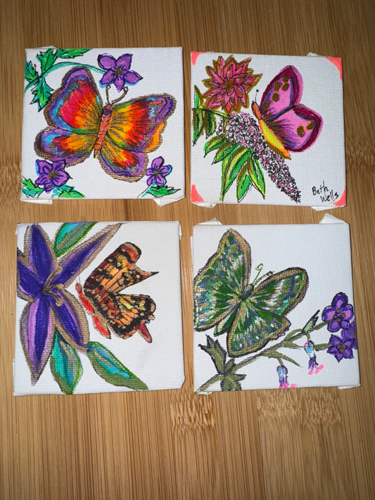 ACEO 3 inch by 3 inch canvas cards with butterflies. Set of 4 with Butterfly and Flower themes. Collect and add each purchase to an album!