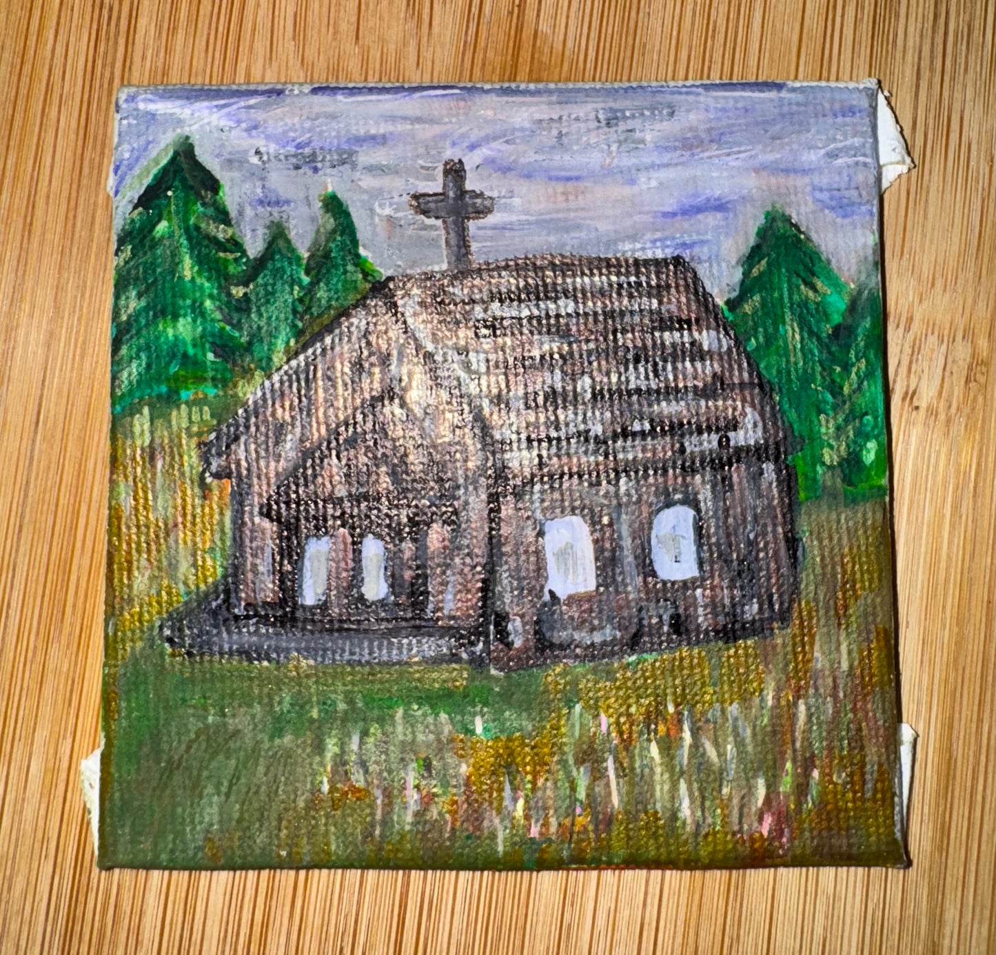 ACEO by Max Landry - Country Log Cabin Church original artwork in multimedia