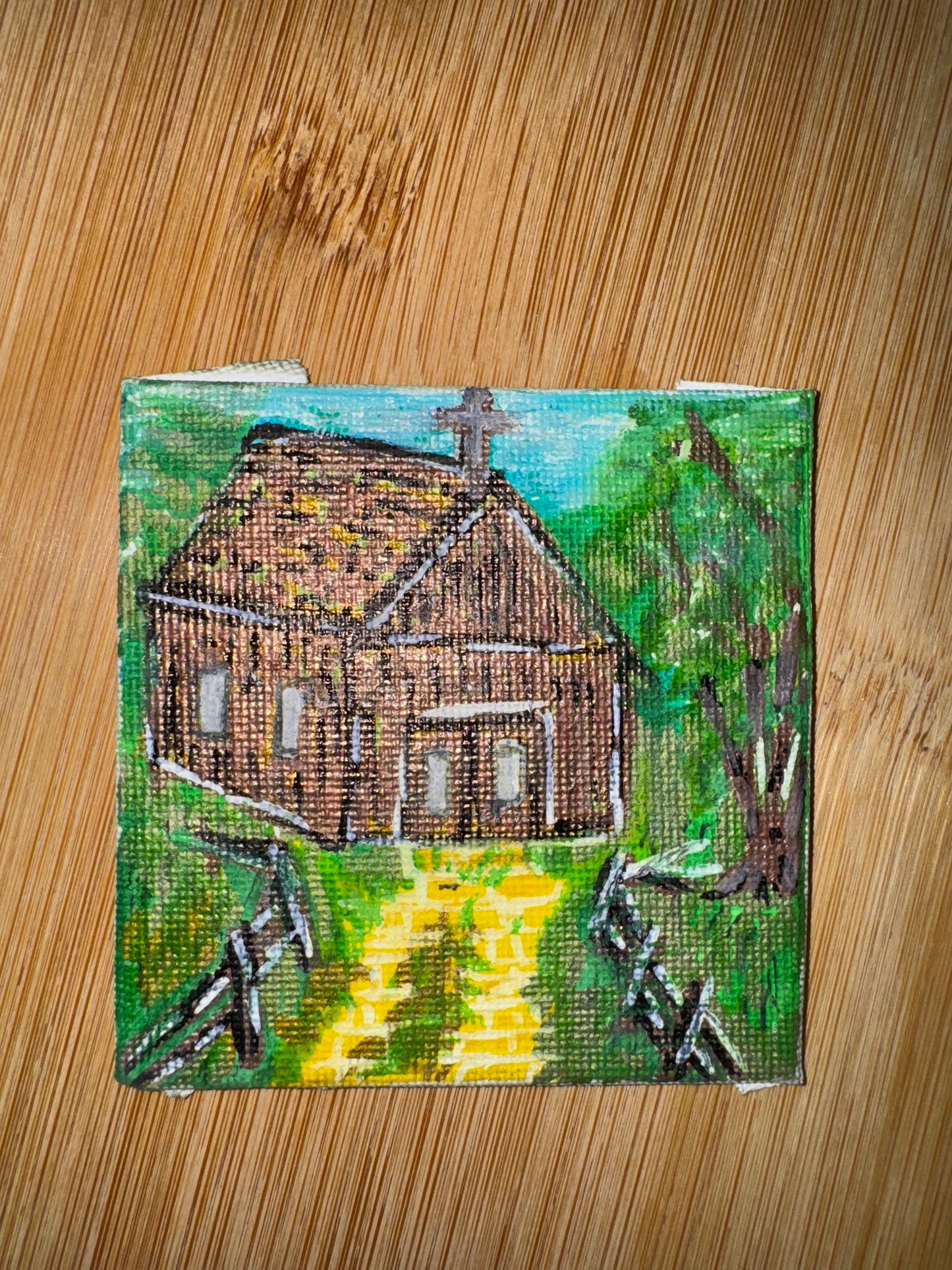 ACEO original art pieces by Max Landry   Country log cabin church theme 3x3 inch canvas card - created with multi media