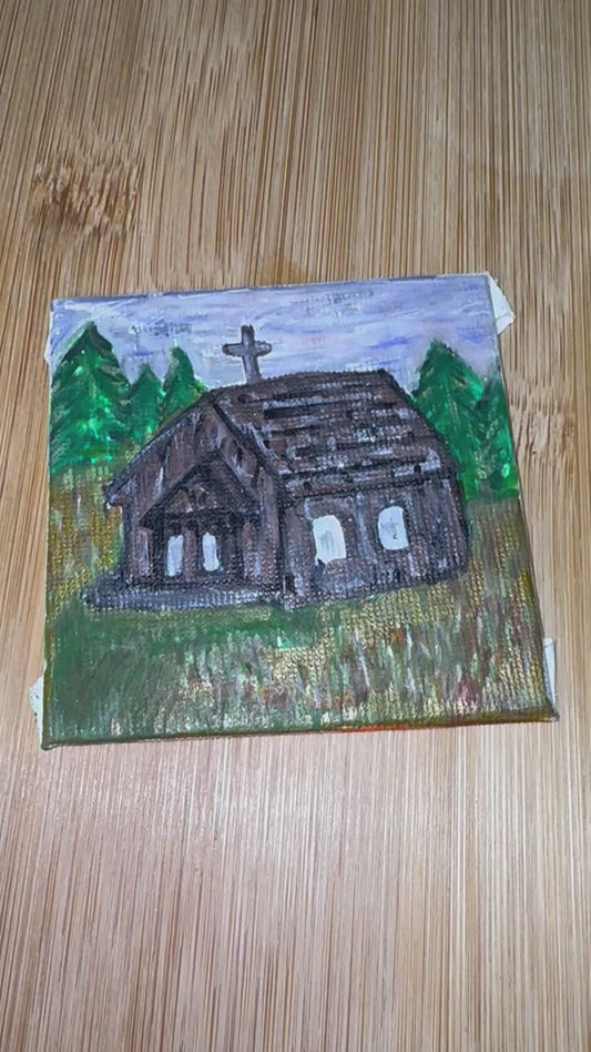 ACEO by Max Landry - Country Log Cabin Church original artwork in multimedia
